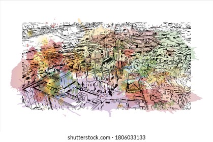 Building view with landmark of Annaba is a port city in northeast Algeria. Watercolor splash with hand drawn sketch illustration in vector.