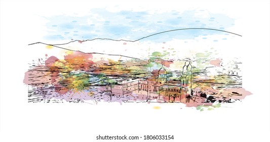 Building view with landmark of Annaba is a port city in northeast Algeria. Watercolor splash with hand drawn sketch illustration in vector.