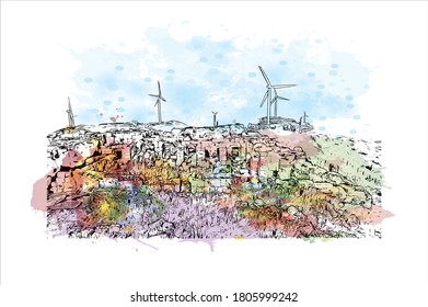 Building view with landmark of Antakya is the capital of Hatay Province, the southernmost province of Turkey. Watercolor splash with hand drawn sketch illustration in vector.