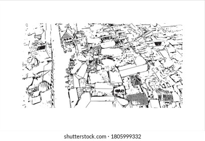 Building view with landmark of Antakya is the capital of Hatay Province, the southernmost province of Turkey. Hand drawn sketch illustration in vector.