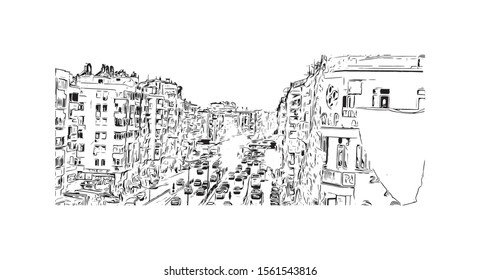 Building view with landmark of Antalya is a Turkish resort city with a yacht-filled Old Harbor. Hand drawn sketch illustration in vector.