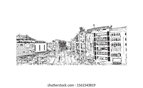 Building view with landmark of Antalya is a Turkish resort city with a yacht-filled Old Harbor. Hand drawn sketch illustration in vector.