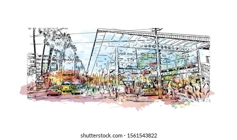 Building view with landmark of Antalya is a Turkish resort city with a yacht-filled Old Harbor. Watercolor splash with Hand drawn sketch illustration in vector.