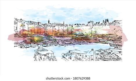 Building view with landmark of Antalya is a Turkish resort city with a yacht-filled Old Harbor and beaches flanked by large hotels. Watercolor splash with  hand drawn sketch illustration in vector.