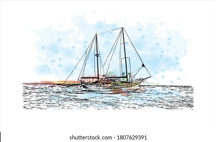 Building view with landmark of Antalya is a Turkish resort city with a yacht-filled Old Harbor and beaches flanked by large hotels. Watercolor splash with  hand drawn sketch illustration in vector.