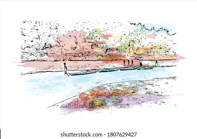 Building view with landmark of Antalya is a Turkish resort city with a yacht-filled Old Harbor and beaches flanked by large hotels. Watercolor splash with  hand drawn sketch illustration in vector.