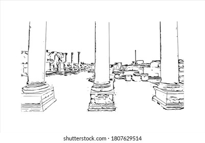 Building view with landmark of Antalya is a Turkish resort city with a yacht-filled Old Harbor and beaches flanked by large hotels. Hand drawn sketch illustration in vector.