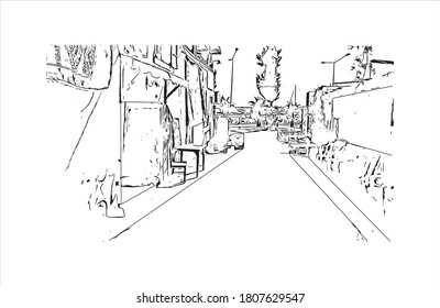 Building view with landmark of Antalya is a Turkish resort city with a yacht-filled Old Harbor and beaches flanked by large hotels. Hand drawn sketch illustration in vector.