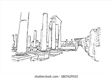 Building view with landmark of Antalya is a Turkish resort city with a yacht-filled Old Harbor and beaches flanked by large hotels. Hand drawn sketch illustration in vector.