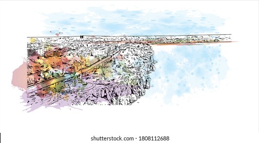 Building view with landmark of Antalya is a Turkish resort city with a yacht-filled Old Harbor and beaches flanked by large hotels. Watercolor splash with hand drawn sketch illustration in vector.