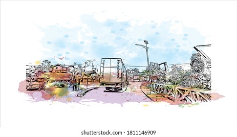 Building view with landmark of Antananarivo is the capital city of Madagascar, in the island’s Central Highlands. Watercolor splash with hand drawn sketch illustration in vector.