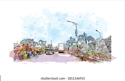 Building view with landmark of Antananarivo is the capital city of Madagascar, in the island’s Central Highlands. Watercolor splash with hand drawn sketch illustration in vector.