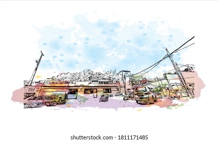 Building view with landmark of Antananarivo is the capital city of Madagascar, in the island’s Central Highlands. Watercolor splash with hand drawn sketch illustration in vector.