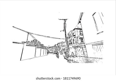 Building view with landmark of Antananarivo is the capital city of Madagascar, in the island’s Central Highlands. Hand drawn sketch illustration in vector.