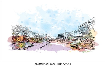 Building view with landmark of Antananarivo is the capital city of Madagascar, in the island’s Central Highlands. Watercolor splash with hand drawn sketch illustration in vector.