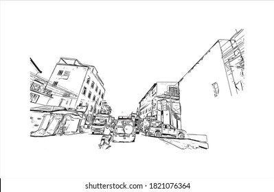 Building view with landmark of Antananarivo is the capital city of Madagascar. Hand drawn sketch illustration in vector.