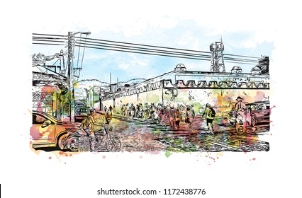Building view with landmark of Antigua is a small city surrounded by volcanoes in southern Guatemala. Watercolor splash with hand drawn sketch illustration in vector.