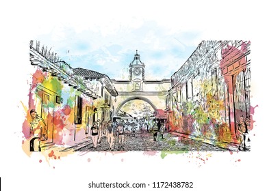 Building view with landmark of Antigua is a small city surrounded by volcanoes in southern Guatemala. Watercolor splash with hand drawn sketch illustration in vector.