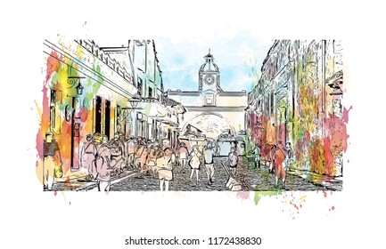 Building view with landmark of Antigua is a small city surrounded by volcanoes in southern Guatemala. Watercolor splash with hand drawn sketch illustration in vector.