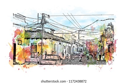 Building view with landmark of Antigua is a small city surrounded by volcanoes in southern Guatemala. Watercolor splash with hand drawn sketch illustration in vector.