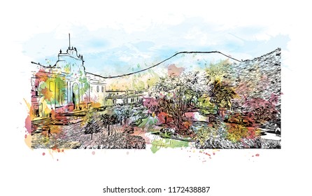 Building view with landmark of Antigua is a small city surrounded by volcanoes in southern Guatemala. Watercolor splash with hand drawn sketch illustration in vector.