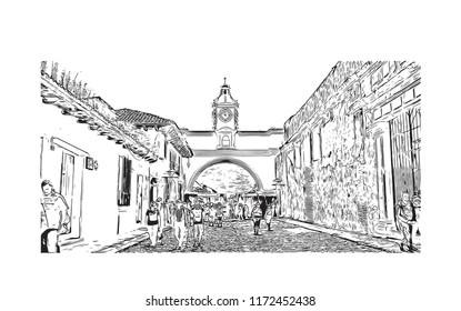 Building view with landmark of Antigua is a small city surrounded by volcanoes in southern Guatemala. hand drawn sketch illustration in vector. 