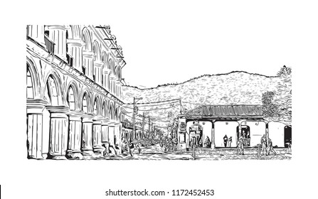 Building view with landmark of Antigua is a small city surrounded by volcanoes in southern Guatemala. hand drawn sketch illustration in vector. 