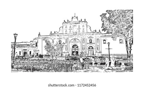Building view with landmark of Antigua is a small city surrounded by volcanoes in southern Guatemala. hand drawn sketch illustration in vector. 