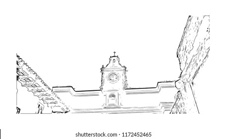 Building view with landmark of Antigua is a small city surrounded by volcanoes in southern Guatemala. hand drawn sketch illustration in vector. 