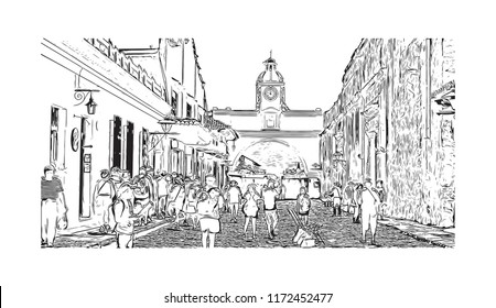 Building view with landmark of Antigua is a small city surrounded by volcanoes in southern Guatemala. hand drawn sketch illustration in vector. 