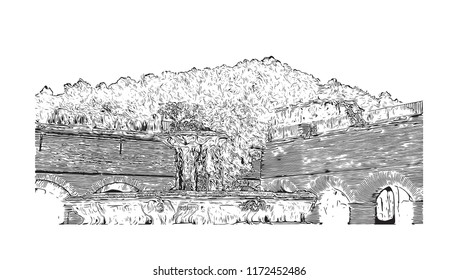 Building view with landmark of Antigua is a small city surrounded by volcanoes in southern Guatemala. hand drawn sketch illustration in vector. 