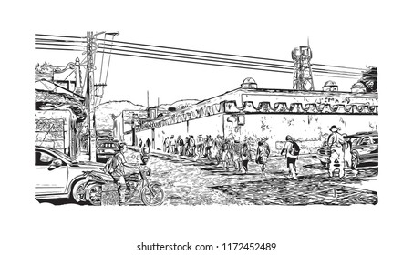 Building view with landmark of Antigua is a small city surrounded by volcanoes in southern Guatemala. hand drawn sketch illustration in vector. 