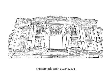 Building view with landmark of Antigua is a small city surrounded by volcanoes in southern Guatemala. hand drawn sketch illustration in vector. 