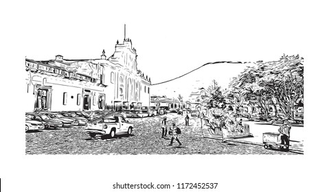 Building view with landmark of Antigua is a small city surrounded by volcanoes in southern Guatemala. hand drawn sketch illustration in vector. 