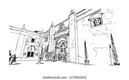 Building view with landmark of Antigua is a small city surrounded by volcanoes in southern Guatemala. hand drawn sketch illustration in vector. 