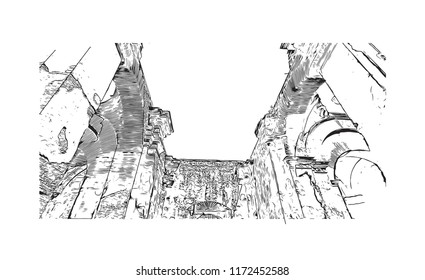 Building view with landmark of Antigua is a small city surrounded by volcanoes in southern Guatemala. hand drawn sketch illustration in vector. 