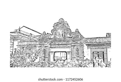 Building view with landmark of Antigua is a small city surrounded by volcanoes in southern Guatemala. hand drawn sketch illustration in vector. 