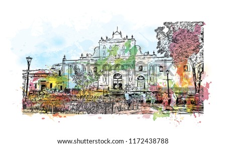 Building view with landmark of Antigua is a small city surrounded by volcanoes in southern Guatemala. Watercolor splash with hand drawn sketch illustration in vector.