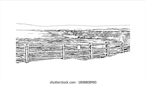 Building view with landmark of Antofagasta is a port city and regional capital in a mining area in northern Chile’s Atacama Desert. Hand drawn sketch illustration in vector.