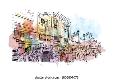 Building view with landmark of Antofagasta is a port city and regional capital in a mining area in northern Chile’s Atacama Desert. Watercolor splash with hand drawn sketch illustration in vector.