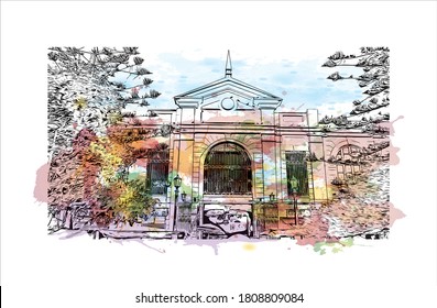 Building view with landmark of Antofagasta is a port city and regional capital in a mining area in northern Chile’s Atacama Desert. Watercolor splash with hand drawn sketch illustration in vector.