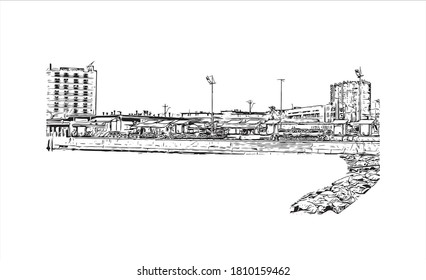 Building view with landmark of Antofagasta is a port city and regional capital in a mining area in northern Chile’s Atacama Desert. Hand drawn sketch illustration in vector.