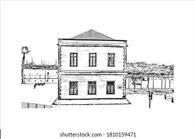 Building view with landmark of Antofagasta is a port city and regional capital in a mining area in northern Chile’s Atacama Desert. Hand drawn sketch illustration in vector.