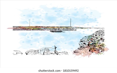 Building view with landmark of Antofagasta is a port city and regional capital in a mining area in northern Chile’s Atacama Desert. Watercolor splash with hand drawn sketch illustration in vector.