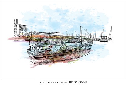 Building view with landmark of Antofagasta is a port city and regional capital in a mining area in northern Chile’s Atacama Desert. Watercolor splash with hand drawn sketch illustration in vector.