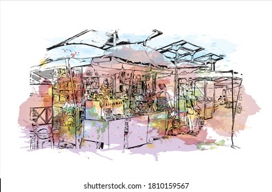 Building view with landmark of Antofagasta is a port city and regional capital in a mining area in northern Chile’s Atacama Desert. Watercolor splash with hand drawn sketch illustration in vector.