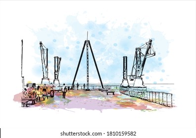 Building view with landmark of Antofagasta is a port city and regional capital in a mining area in northern Chile’s Atacama Desert. Watercolor splash with hand drawn sketch illustration in vector.