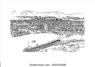Building view with landmark of Antofagasta is a port city and regional capital in a mining area in northern Chile’s Atacama Desert. Hand drawn sketch illustration in vector.