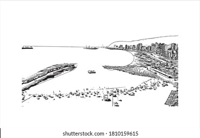 Building view with landmark of Antofagasta is a port city and regional capital in a mining area in northern Chile’s Atacama Desert. Hand drawn sketch illustration in vector.