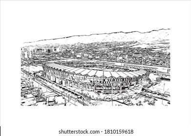 Building view with landmark of Antofagasta is a port city and regional capital in a mining area in northern Chile’s Atacama Desert. Hand drawn sketch illustration in vector.